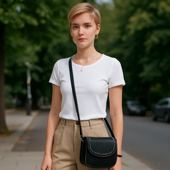 NEW Studded Black Messenger Bag - Picture 2 of 6